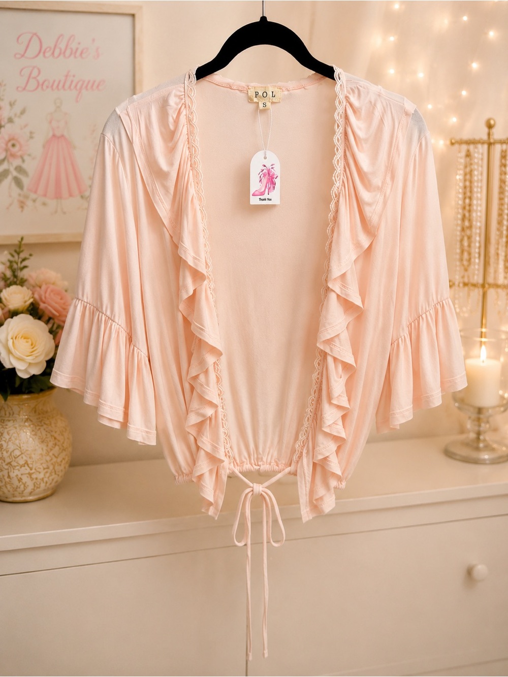 NEW POL Romantic Blush Pink Lace Trim Ruffle Sleeve Tie Front Boho Top NWT S